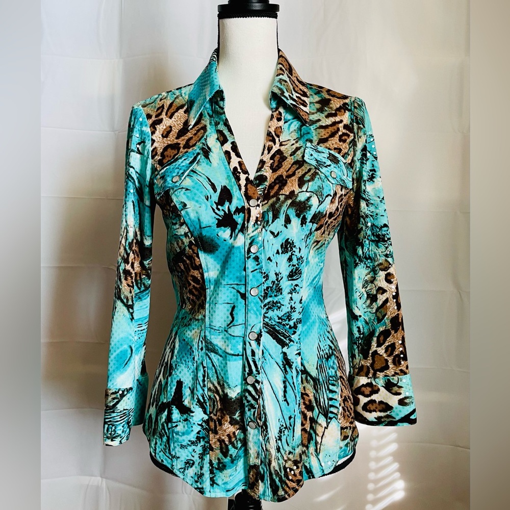 Caché Leopard-Turquoise Sequin Fitted Top